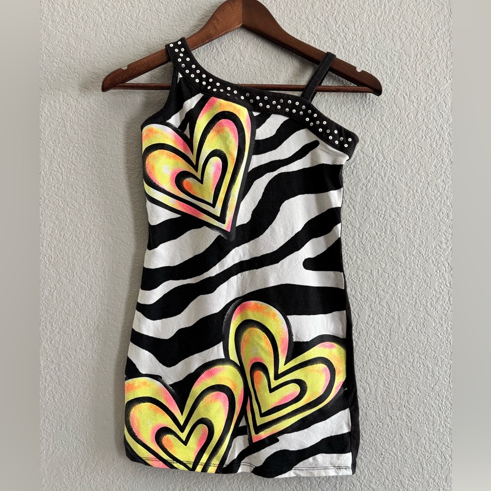 Vintage Justice Girls Dress – Zebra Print with Neon Glitter Hearts (Size 12)